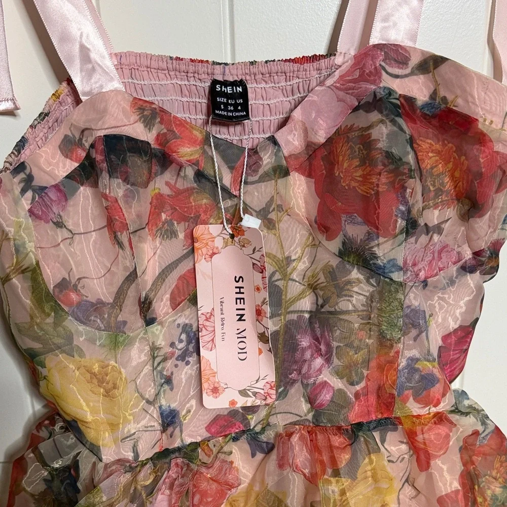 SHEIN Pink Floral Midi Dress with Ribbon Straps - Picture 3 of 5